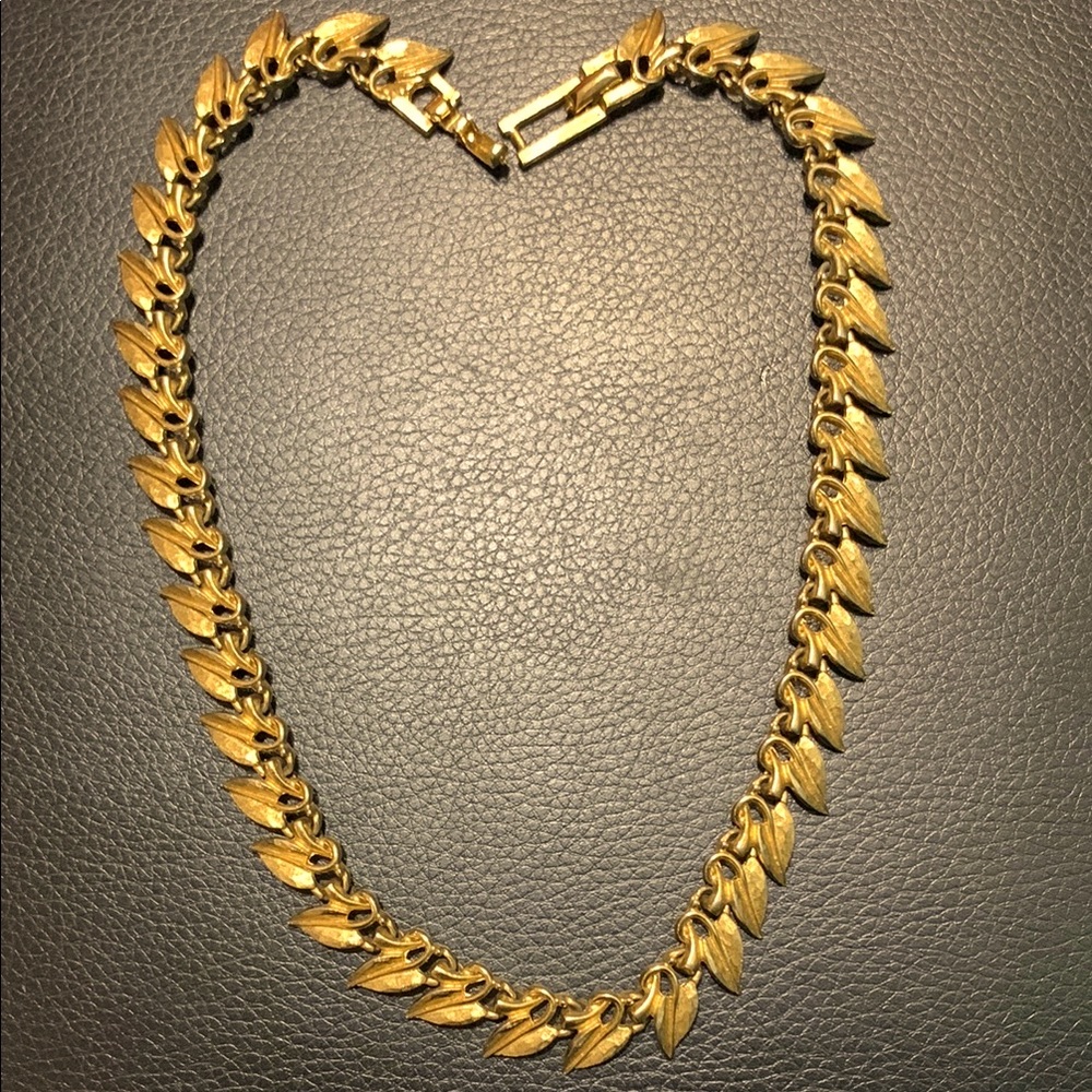 Vintage MARBOUX Boucher 1950s Gold Tone Leaf Link Choker Necklace #319